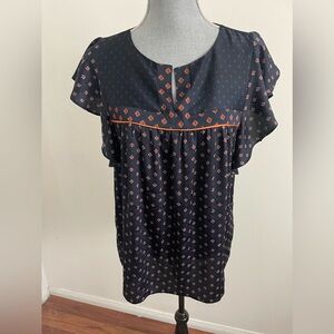 Loft Navy Blue and Orange Floral Print Blouse . Size M